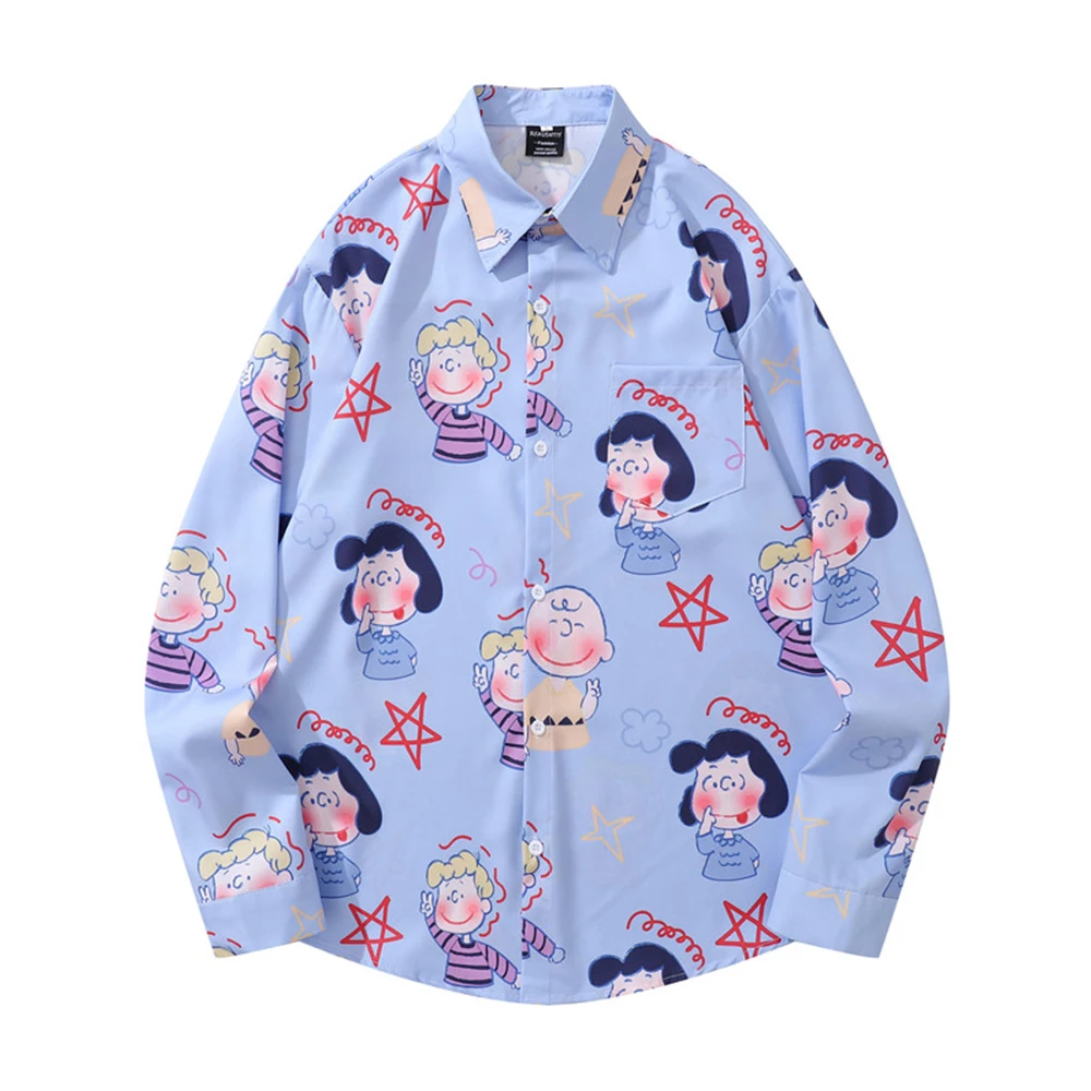 

Cartoon Printed Casual Men Women Shirts Long Sleeve Turn-down Collar Outerwear Shirts for Men