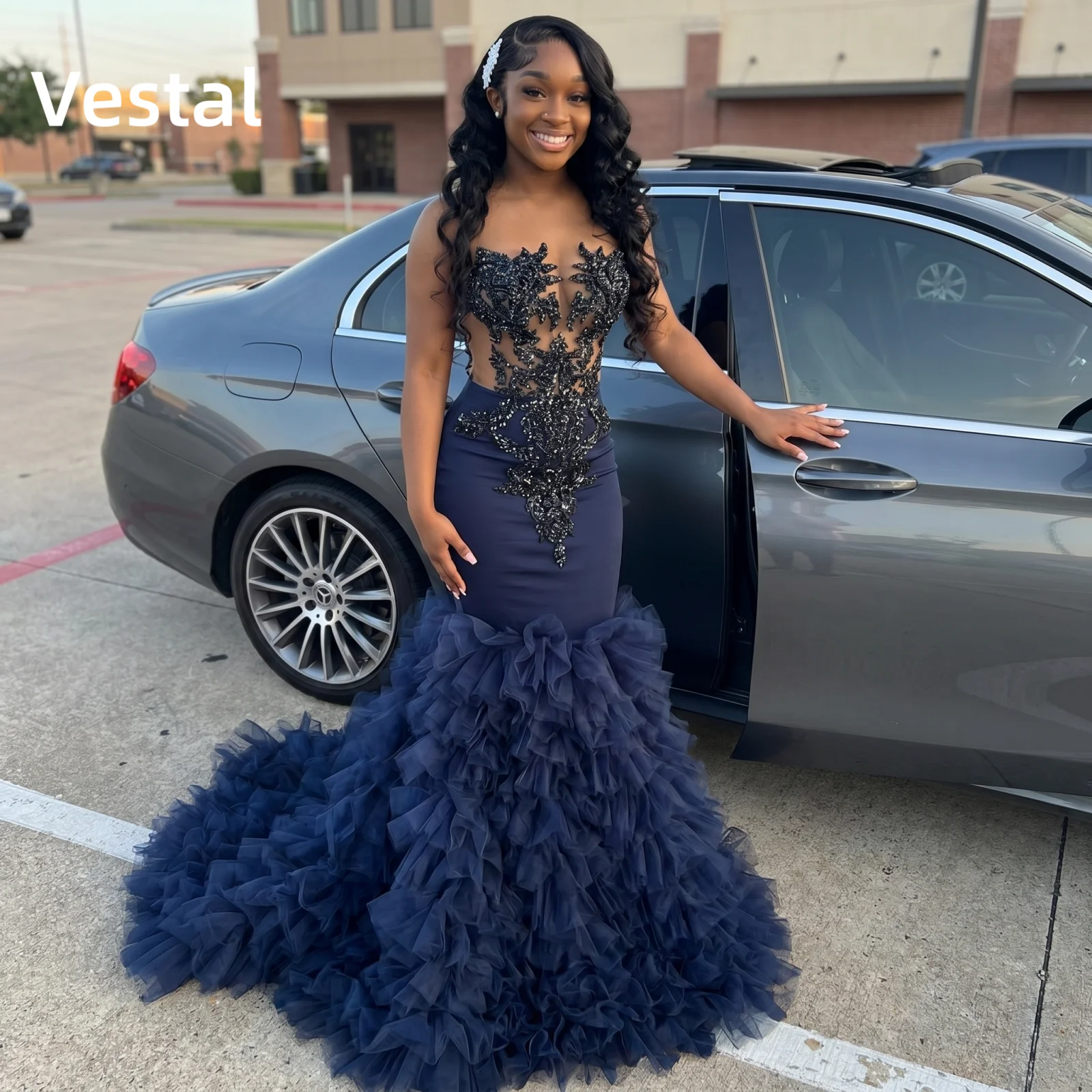 

Navy Illusion Neck Crystal Beaded Mermaid Prom Dress Corset Ruffled Tulle Elegant Evening Party Gown Customize
