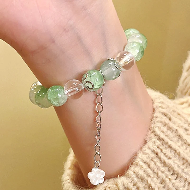 Freesia Beaded Bracelets Women Sweet Delicate Green Crystal Exquisite Elastic Rope Adjustable Girls Friendship Handmade Jewelry