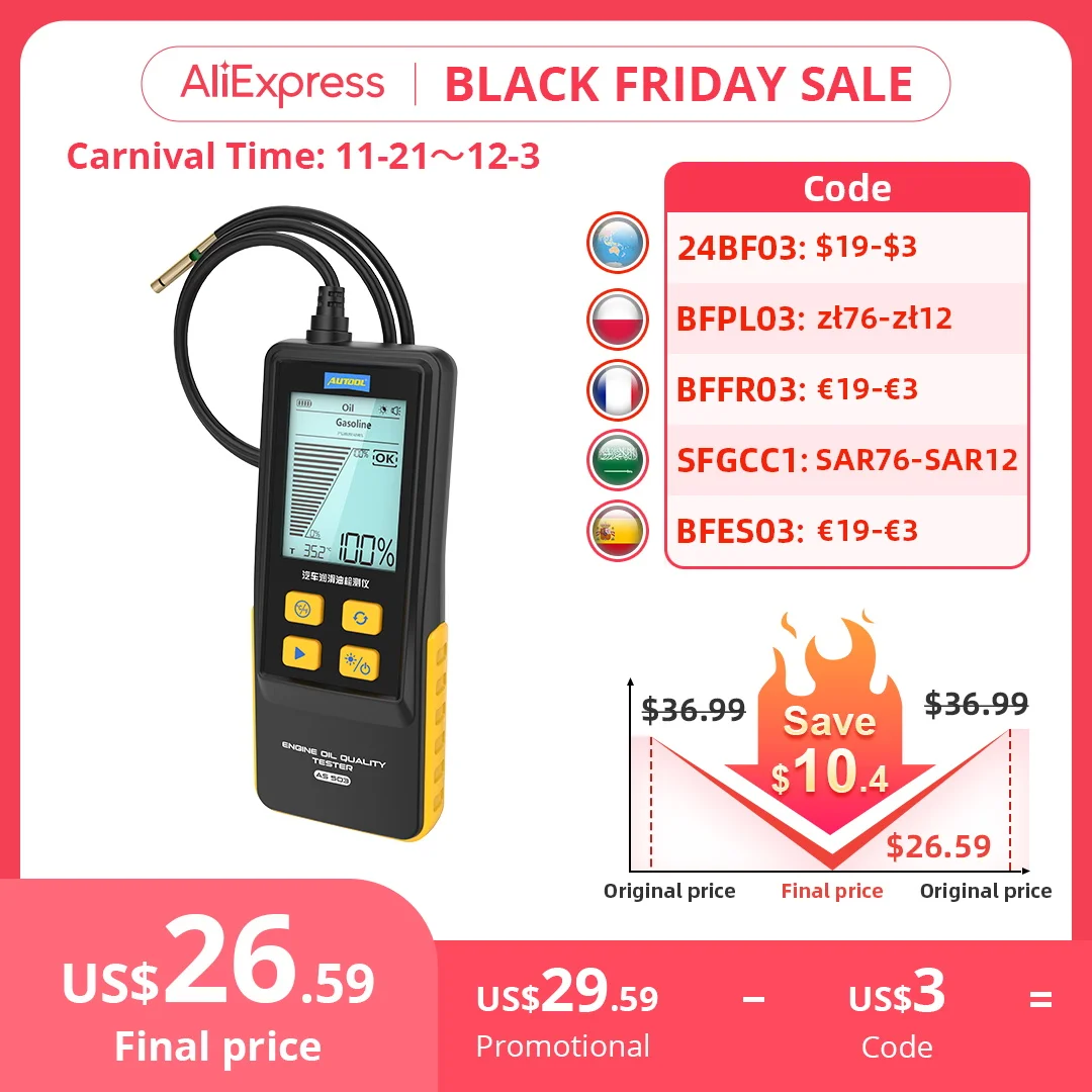 AUTOOL AS503 Car Engine Oil Tester Transmittance of Petrol Gasoline and Diesel for Car Engine POA Oil Quality Temperature °C °F