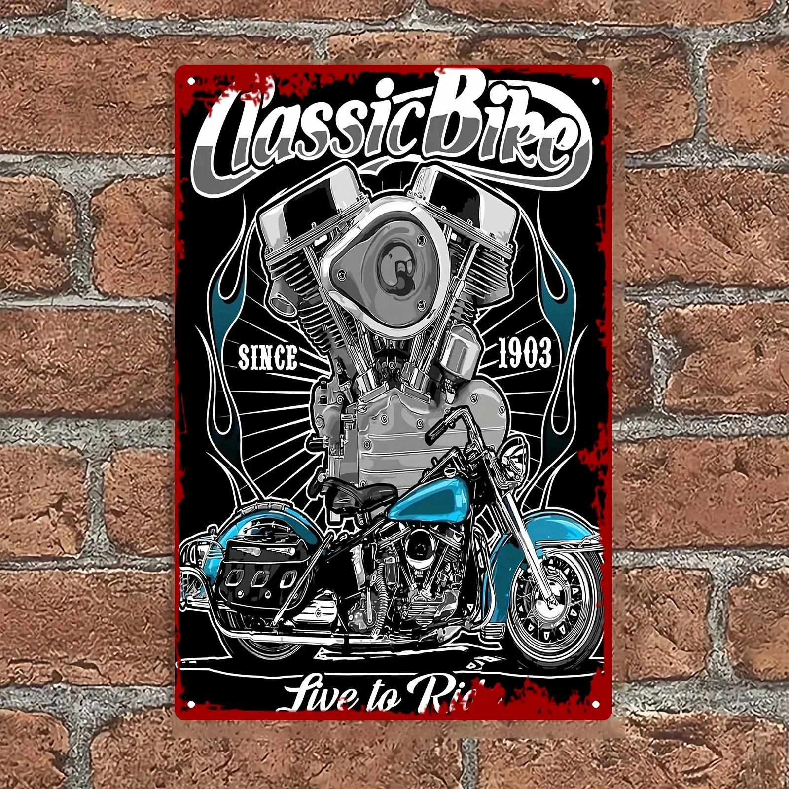 Davidson Classic Touring Motorcycle Metal Wall Art - Vintage V-Twin Engine Iron Painting, Black,Red Design with 