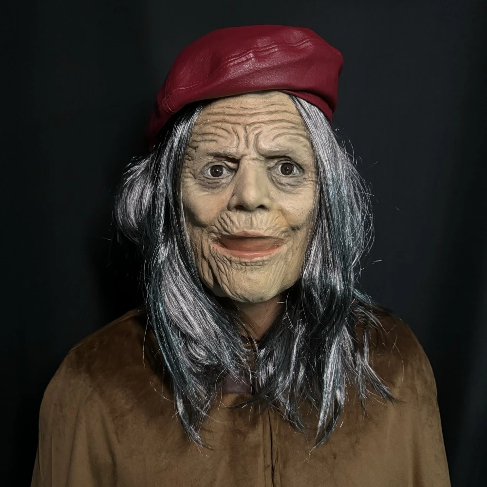 

Moving Mouth Granny Rubber Grandma Old Woman Witch Creepy Halloween Mask with Wig Red Beret Realistic Latex Face for Party