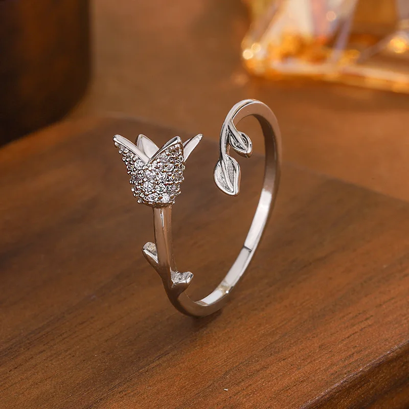 Neue Mode Einfache Diamant Intarsien Rose 925 Sterling Silber Schmuck Personalisierte Blume Öffnung Ringe R009