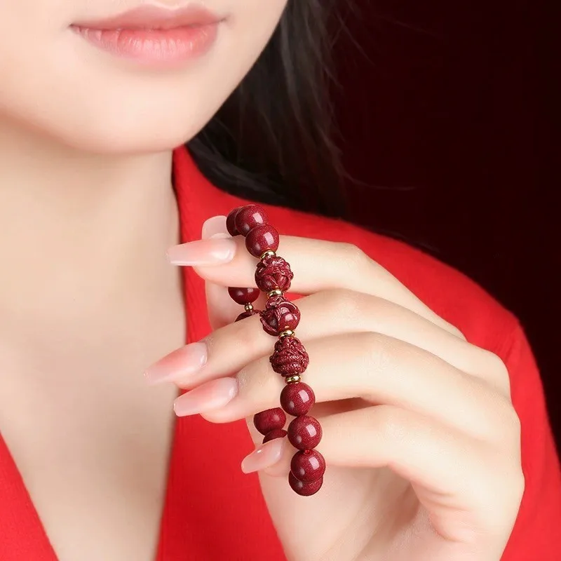 Chinese Style Natural Cinnabar Beaded Bracelet Three In One Zodiac Dragon Rabbit Ox Sheep Dog Lucky Blessing Wealth Fortune Birt