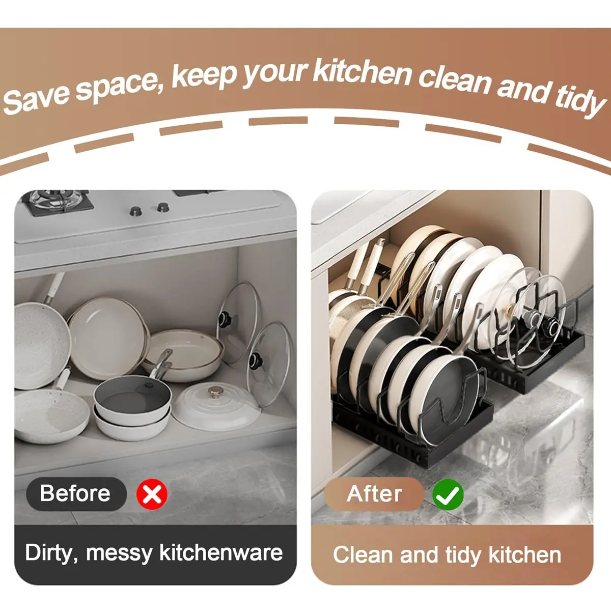 

Pots and Pans Organizer Under Cabinet,Sliding Pot Lid Holder and Pan Rack Kitchen,Pull Out Pot and Pan Organizer