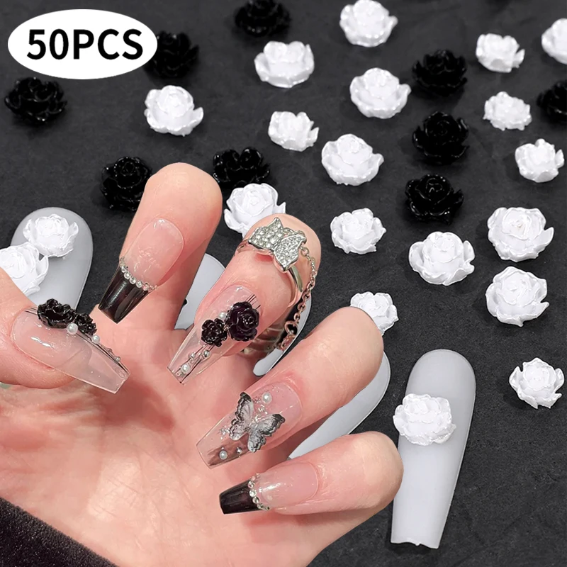 50PCS White Aurora Camellia Nails Art Decoration 3D Resin Black Flower Rhinestones Metal Pearl Elegant Manicure Decoration Parts