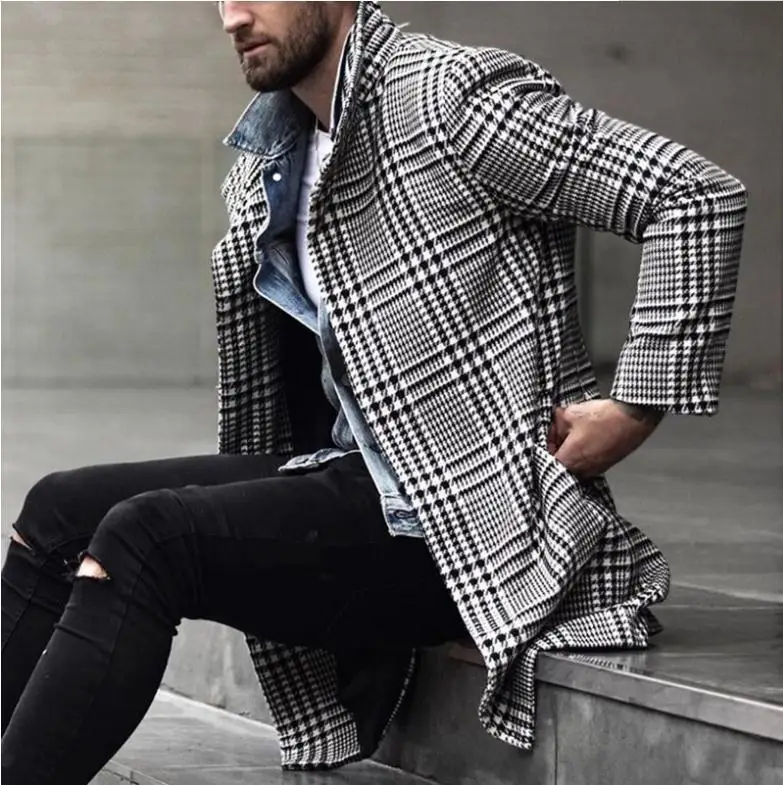 Autumn Winter Men's Lapel Single-Breasted Plaid Mid-Length Trench Coat Streetwear Elegant Checkered Single Breasted Jacket