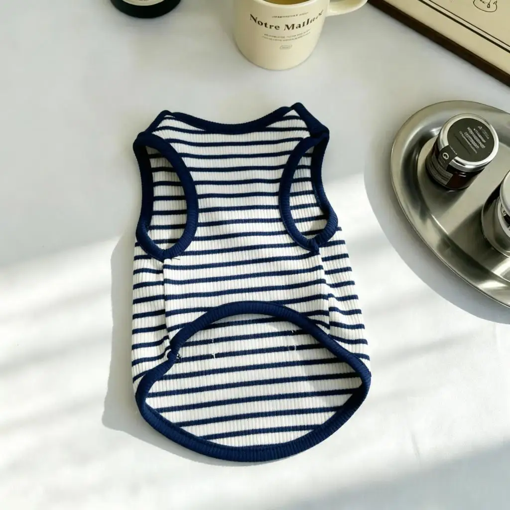 Striped Pet Tank Top Sailor Neck Tie Ribbed Fabric Smile Label Sleeveless Vest Summer Daily Puppy Kitten Walking Outfit