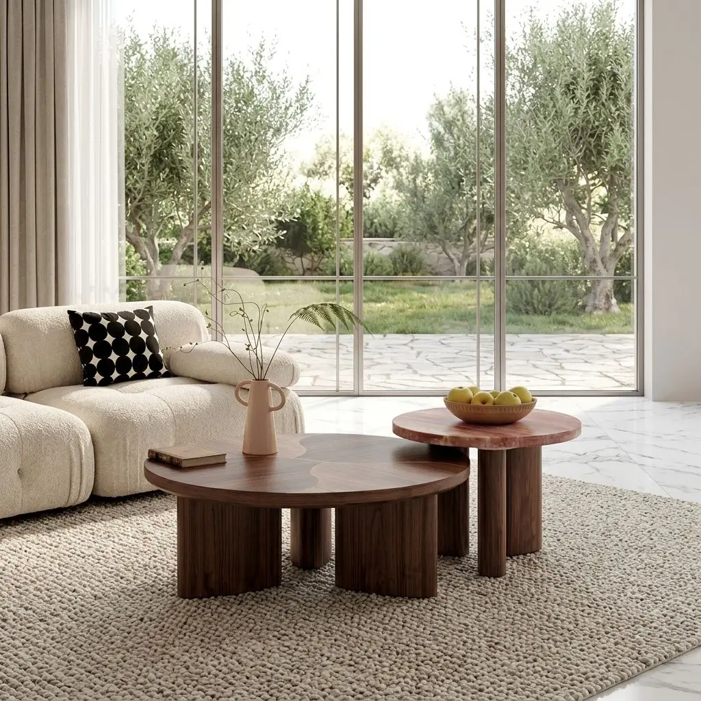 #￥Bespoke Modern Natural Walnut Red Travertine Nesting Coffee Table Set Custom Dimensions Available Durable High-End Interior