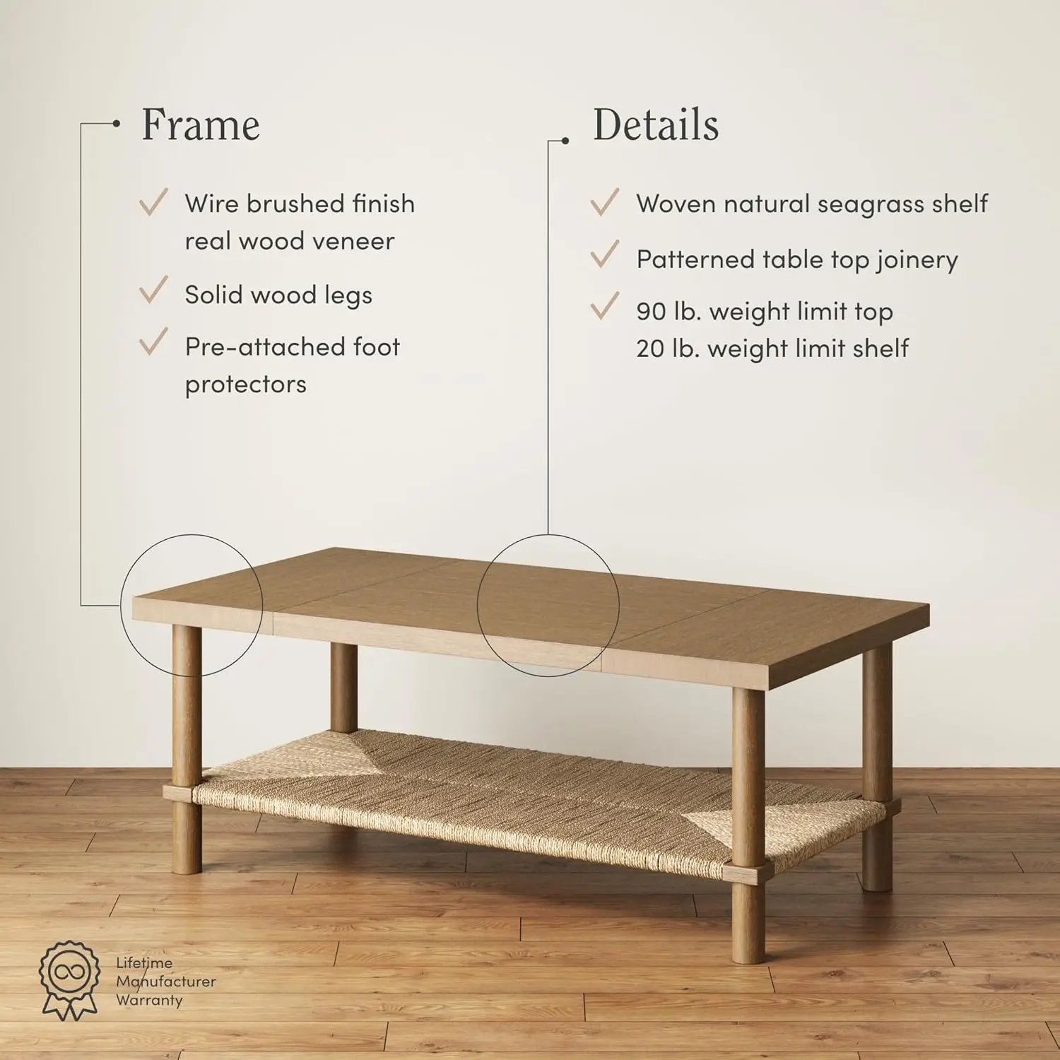 Table basse bohème avec rangement, table basse rectangulaire à 2 niveaux avec pieds en bois massif et étagère en jonc de mer, marron clair