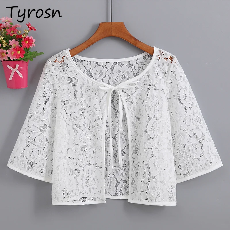 

Women Cardigan Lace Up Lace Breathable Summer Sun-proof Shrugs Elegant Outwear Korean Style Aesthetic Thin Short Tops Fashion