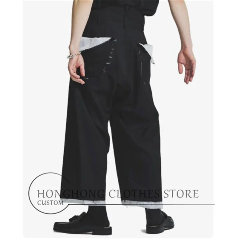

【Customized】Black loose inner-lined nine-inch pants - Japanese retro frayed minimalist blank custom-made pants