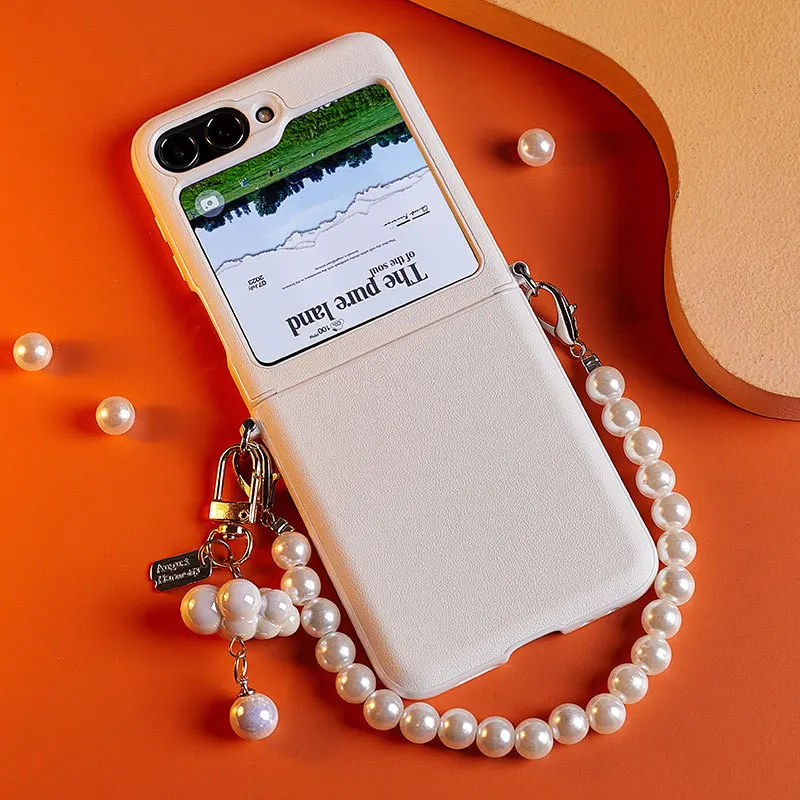 For Samsung Galaxy Z Flip 7 FE 6 5 4 3 zflip7 5G Portable Pearl Rope Hand Strap Cloud Pendant White Hinge Leather Case Cover