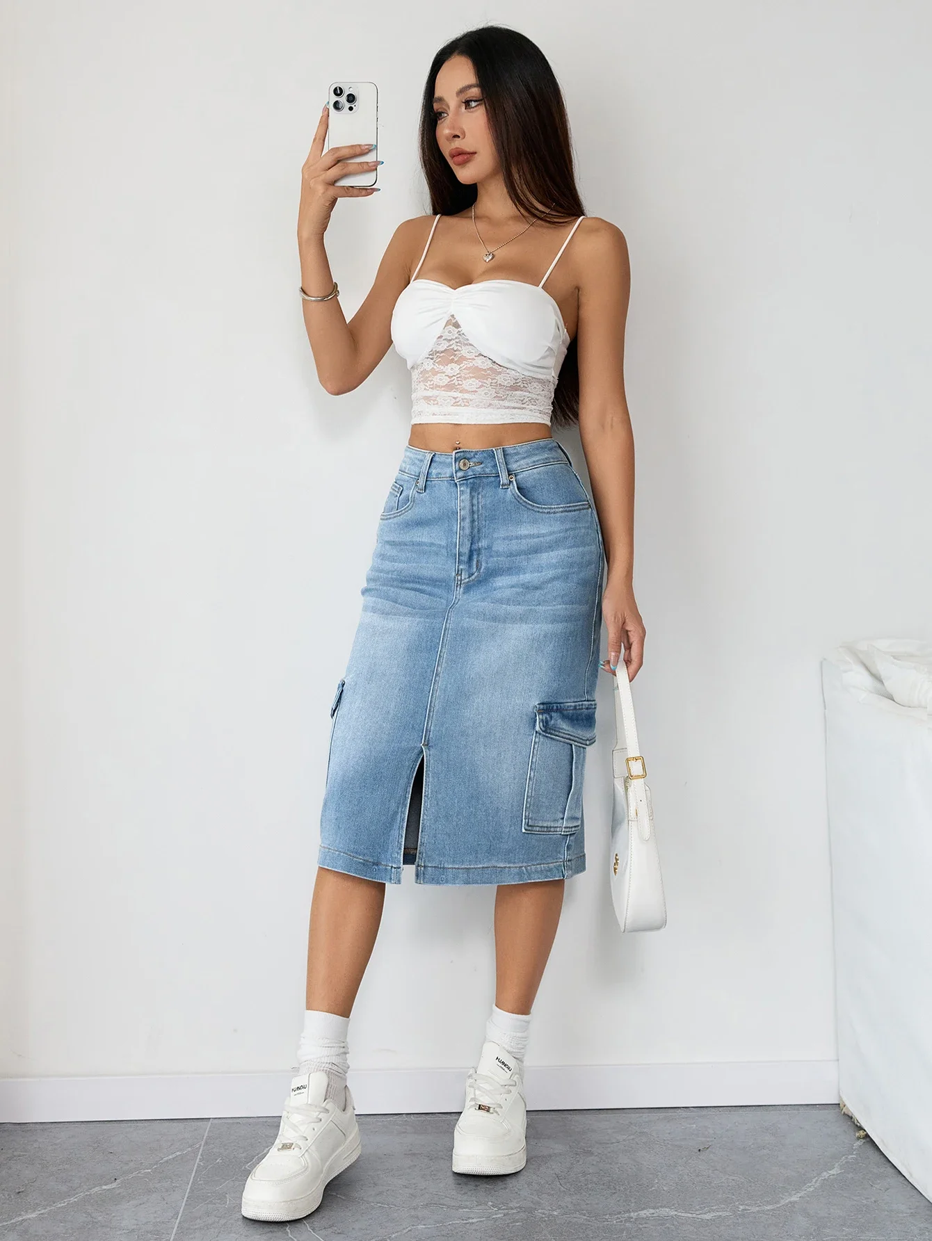 أزياء زائد حجم المرأة الدنيم ميدي تنورة عالية الخصر البضائع الجينز تنورة متعرج صالح زائد حجم الدنيم الملابس