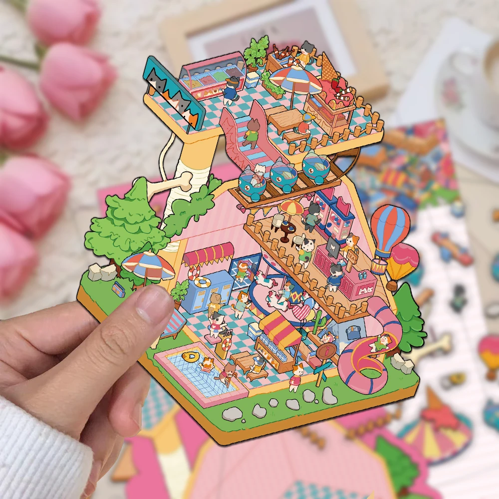 3PCS Creative Mini Shrink World Cat and Dog Park Landscape DIY Niche Decompression PET Transparent Material Stickers
