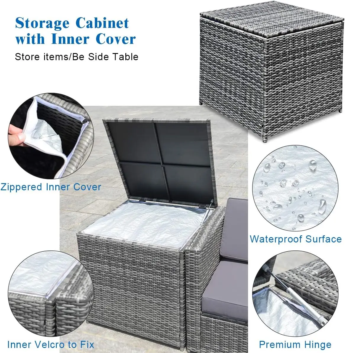 Outdoor Patio Furniture Set, Rattan Wicker Sofa Set, Sectional Sofa Couch Storage Table and Cushions for Garden Backyard