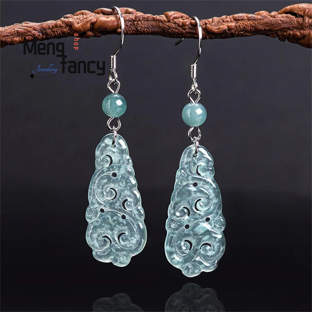 

Natural A-goods Jadeite Blue Water Ruyi Earrings S925 Silver Inlaid Ice Jade Ancient Style Luxury Quality Jewelry Holiday Gifts