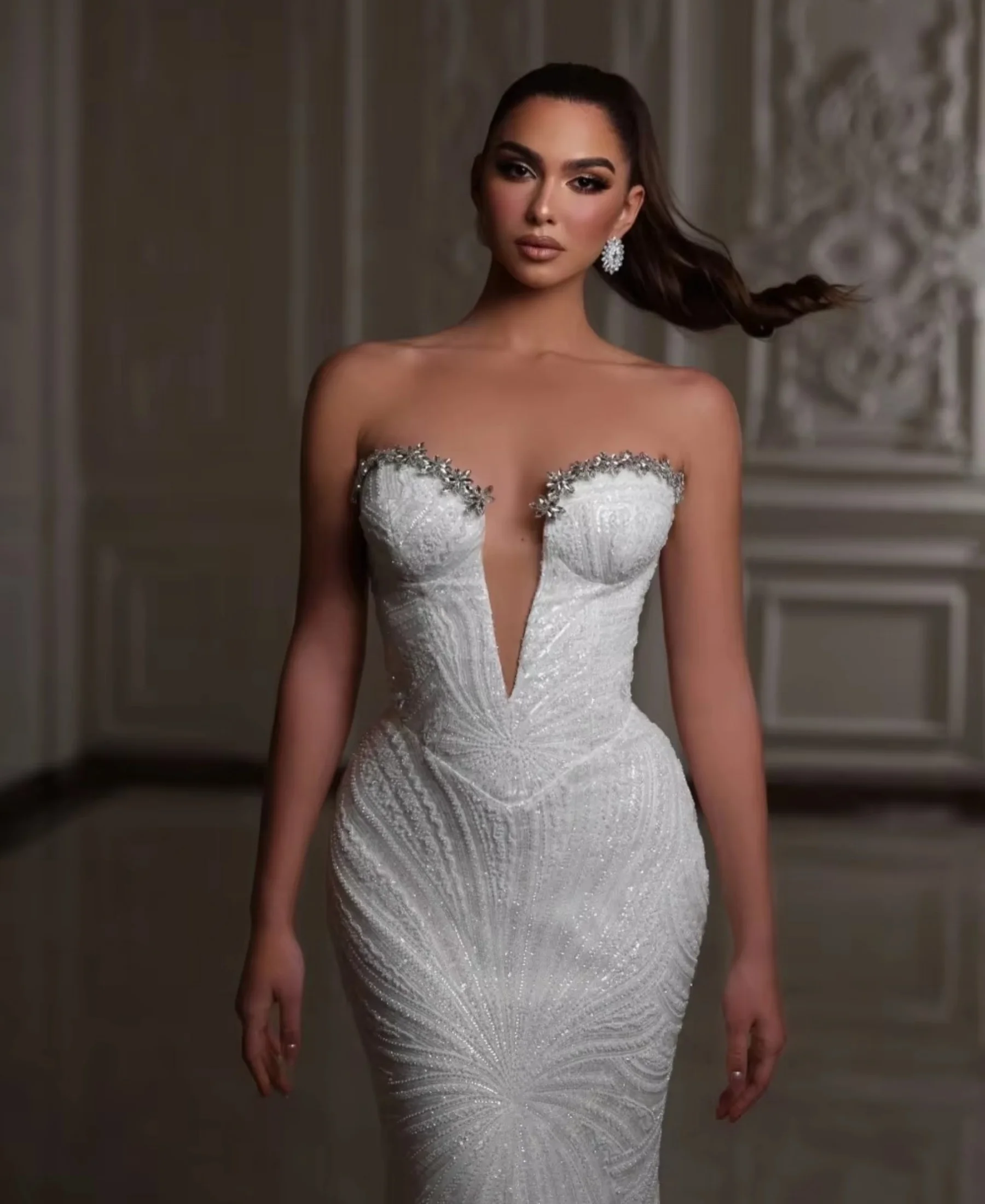 Customized Luxury Deep V-neck Mermaid WeddingDress Detachable Train Bride Robe Sequined Rhinestones Bridal Gown Vestido De Novia