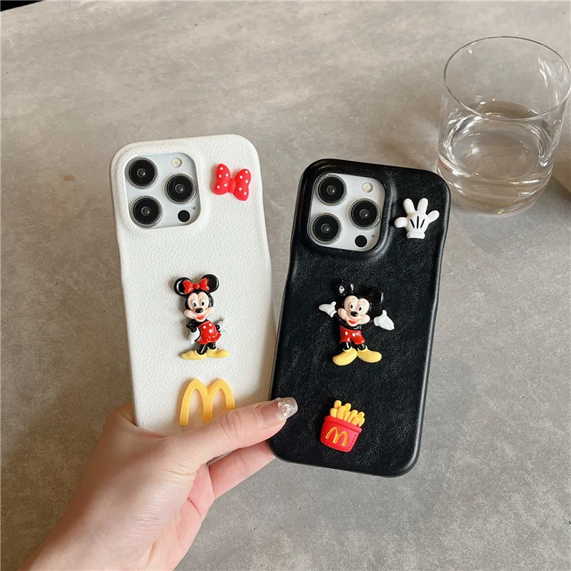 Disney Mickey Mouse Minnie DIY Phone Case for iPhone 11 12 13 14 15 16 Pro Max 16Pro 16promax Cute M PU Leather Cover Capa