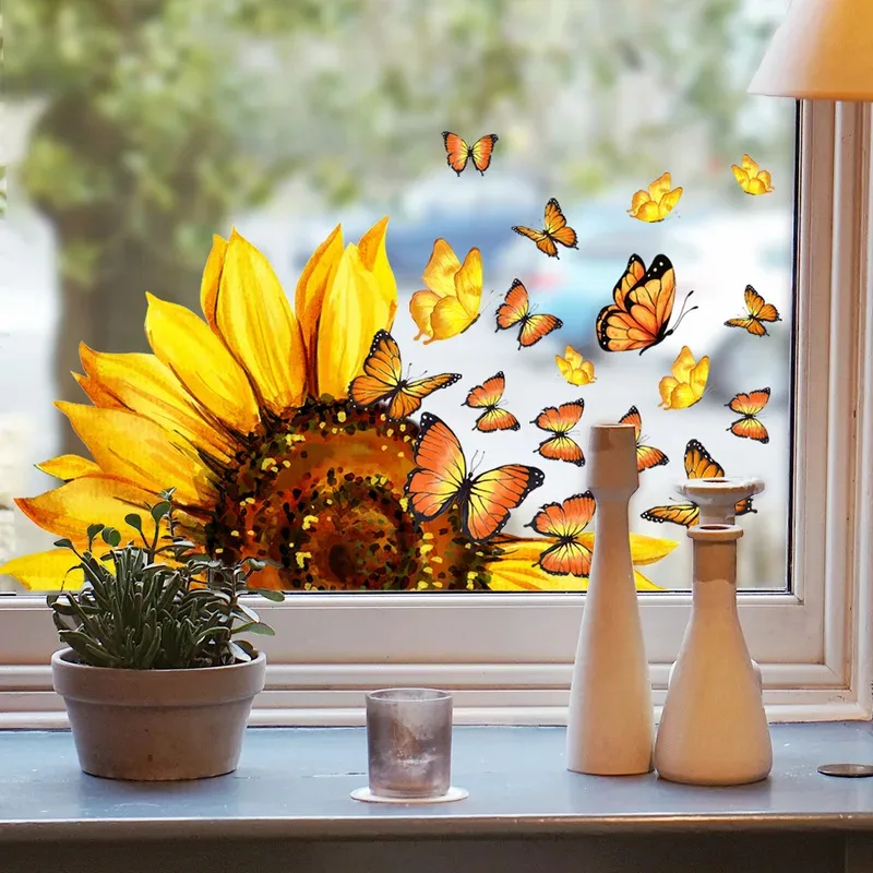 Sunflower Butterfly Stickers Static Cling Window Stickers Glass Stickers Window Stickers Room Decorations view 2