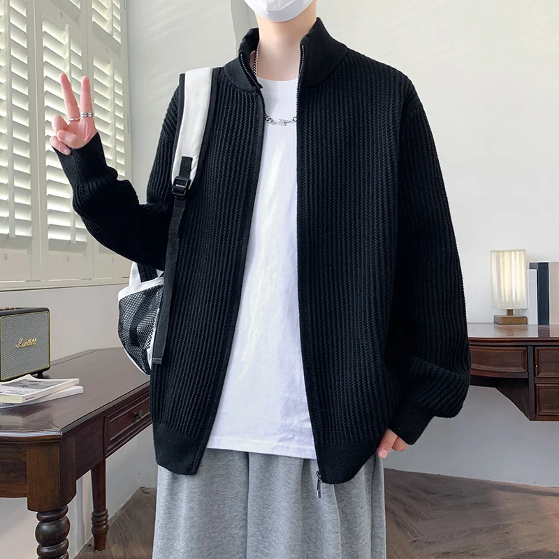 

Высококачественный мужской вязаный свитер-куртка на молнии с воротником-стойкой, повседневная трикотажная верхняя одежда для молодежи, удобный лонгслив