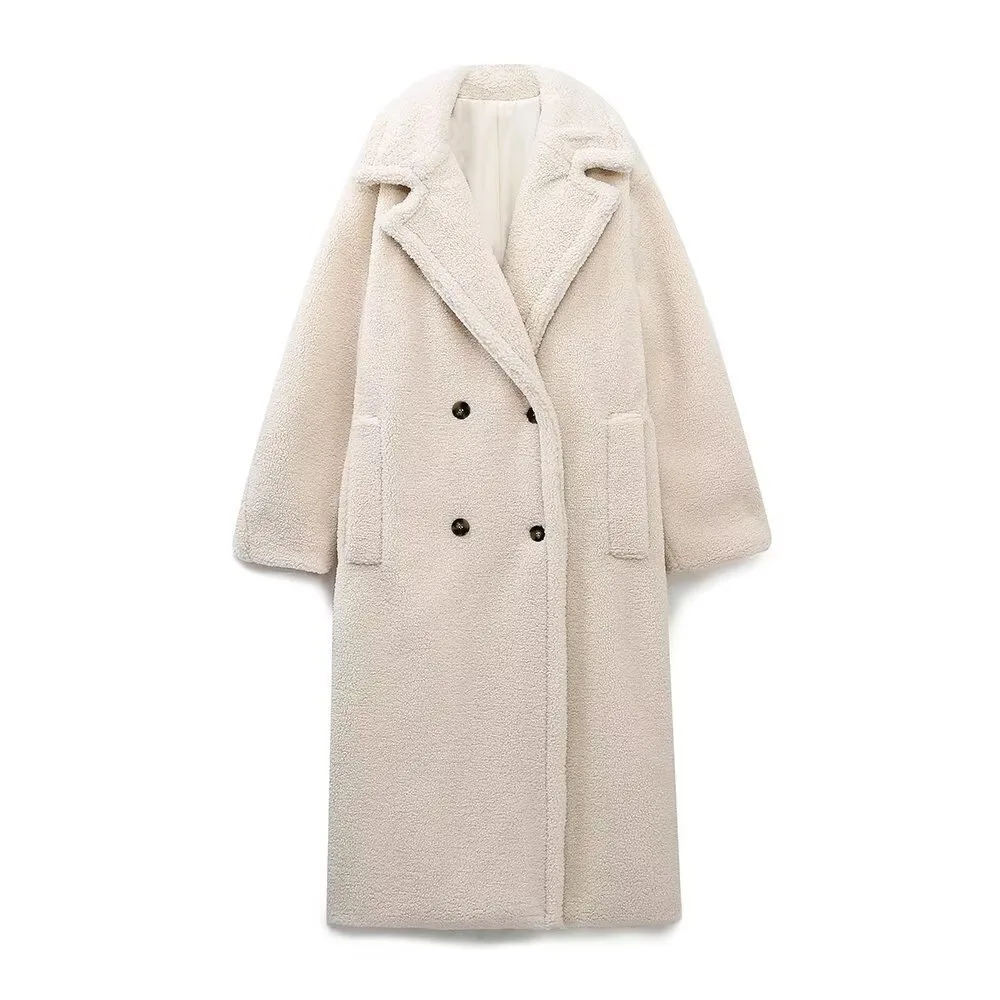 2024 Winter Women Casual Solid Coat Double Breasted Fleece Coat Loose Fit Long Coat Women Vintage Oversized Long Jacket