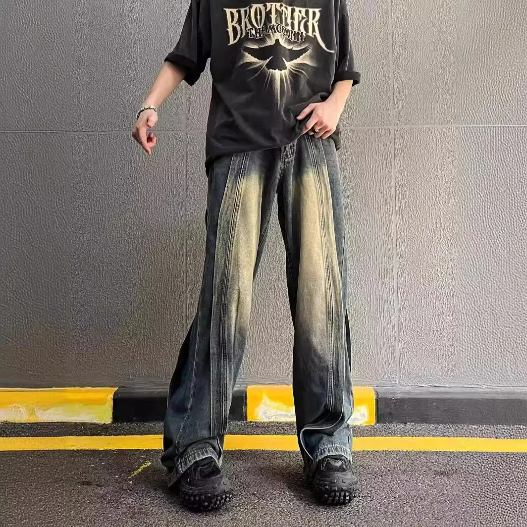 Vintage-Jeans im amerikanischen Stil mit High-End-Feeling, lockere Passform, gerades Bein, weites Bein, drapierte lange Hose für Herren und Damen