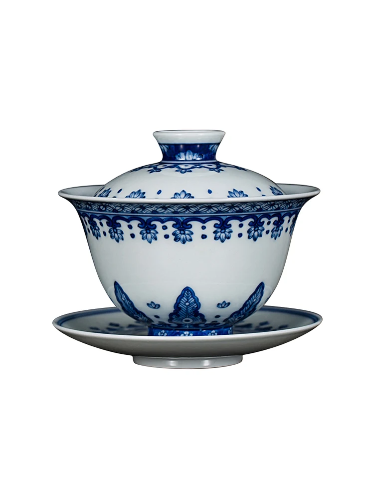 Zhongjia Blue And White Firewood Kiln Cover Bowl Jingdezhen Tea Set Hand-painted Lotus, Banana Leaf, Ruyi Pattern Small