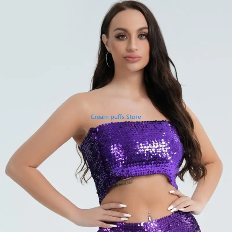 50LE Women's Sparkly Sequins Tube Top Stretchy Crop Top Party Costumes Clubwear - view 4