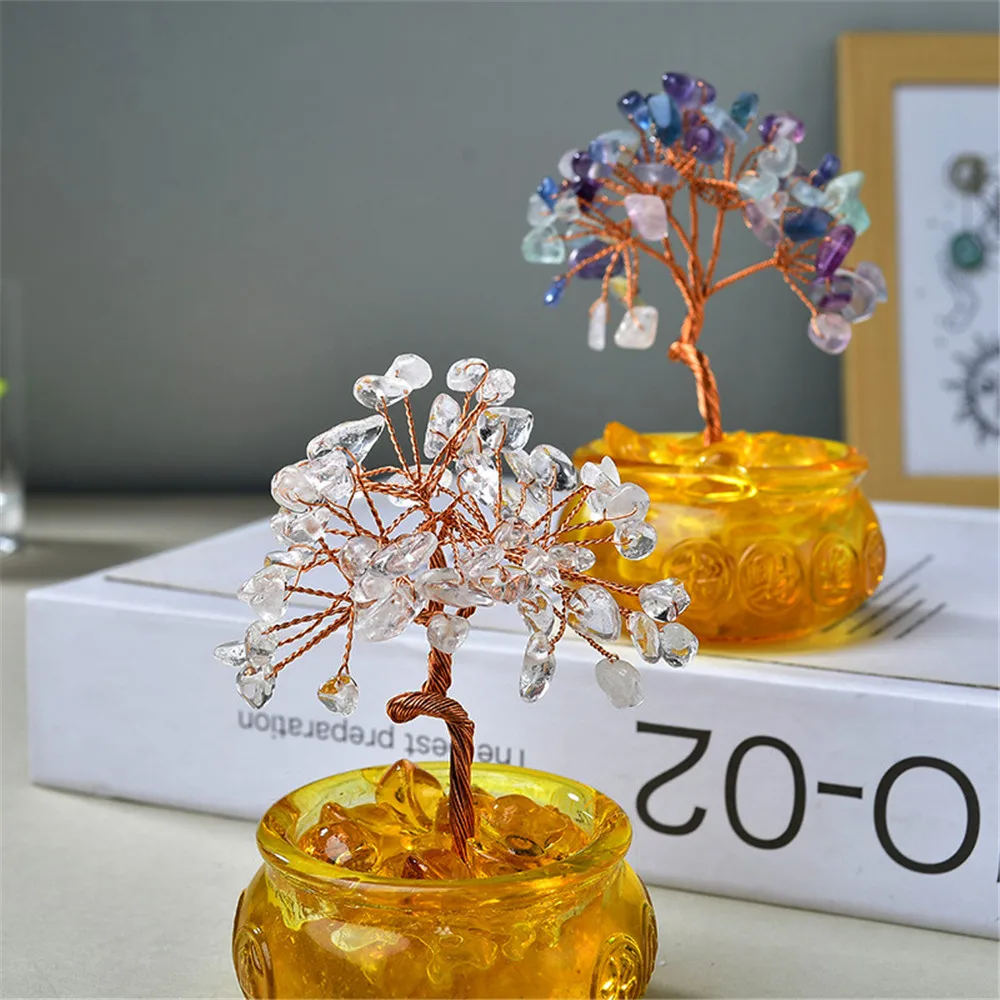 13cm Natural Crystal Wealth Collective Base Positive Energy Money Tree for Office/Home/Desk Decorate Ornaments,Gift for Lovers
