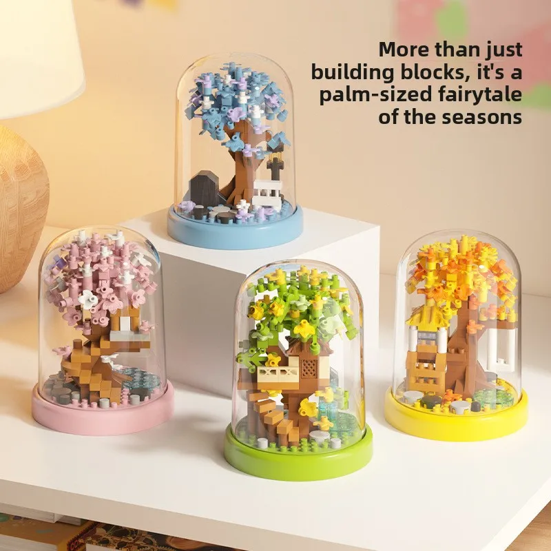 

Children's Educational Toys Tide Play Ornament Girl Boy Assemble Four Seasons Cherry Blossom Tree House Building Block Gift