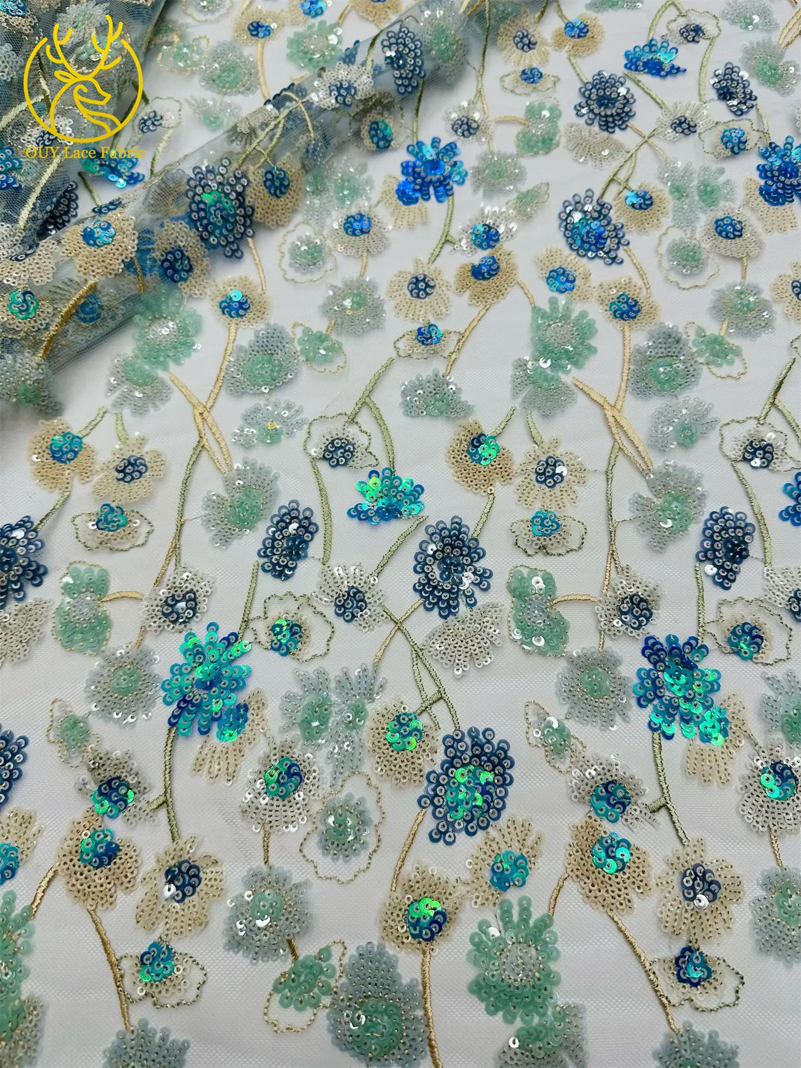 Luxuriöser afrikanischer Pailletten-Spitzenstoff, 5 Yards, hochwertige französische nigerianische Stickerei-Tüllspitze für Hochzeitsfeier, Brautkleid – Detail 17