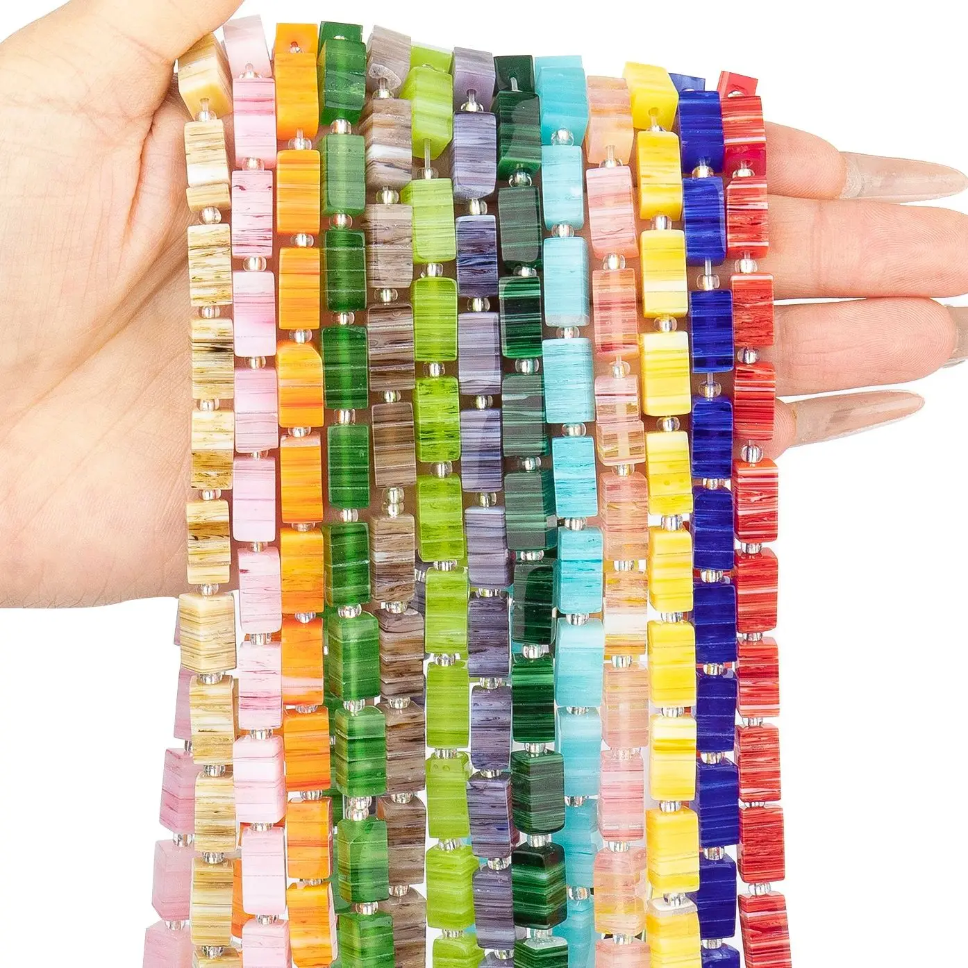 Multicolor Stripe Lampwork Beads 6x11mm Rectangle Millefiori Glass Loose Beads for Jewelry Making Handmade DIY Necklace 15inch