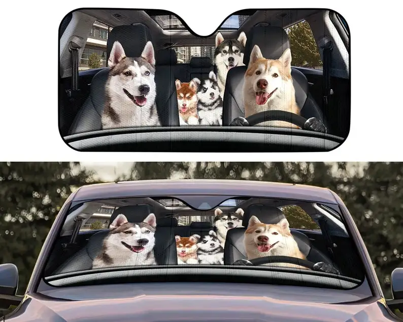 Husky Family Car Sunshade, Husky Lovers, funny gifts, Gifts for Dog mom, Car Auto Sun Shade, Car Sun Shade, Car Windshield, Car