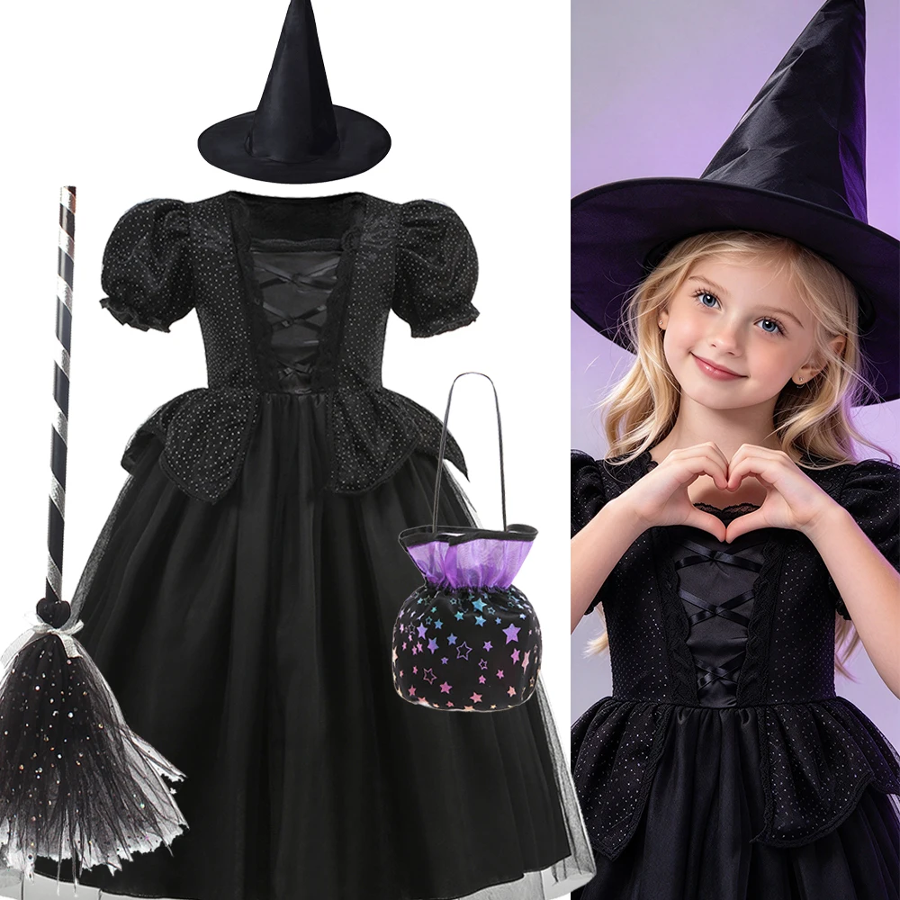 Black Witch Gown Dress For Girls Kids Halloween Short Sleeve Embroidered Soft Fancy Role Playing Costume Carnival Party Stage