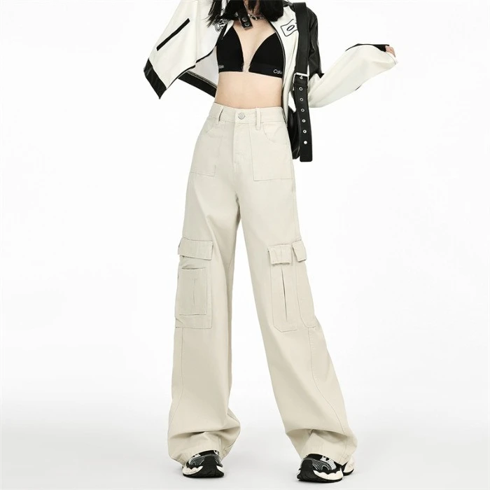 ใหม่สีทึบสบายๆกางเกงยีนส์ขากว้างเอวสูง, สุภาพสตรี Four Seasons แฟชั่นใหม่และกางเกงยีนส์คาร์โก้ยาวพื้นลําลองอเนกประสงค์