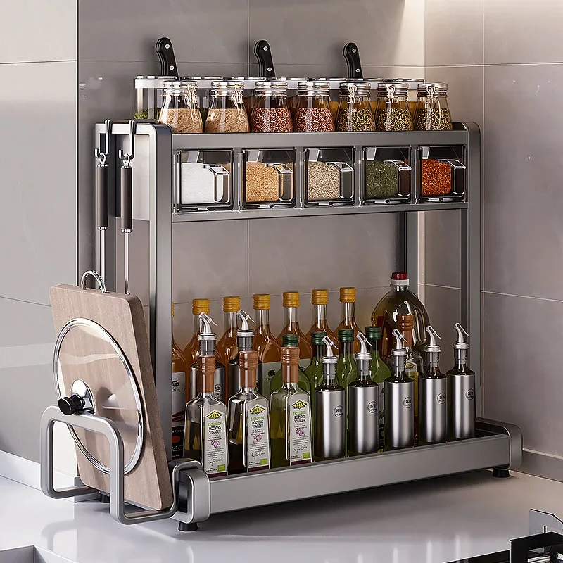 

Kitchen Storage Rack Multi-Layer Spice Rack Home Condiments Organizer Multi-Functional Knife Holder Countertop Storage Shelf