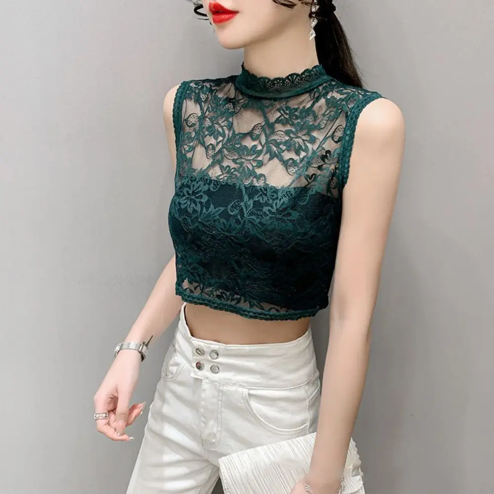 

New Mesh Yarn Hollow Lace Half Blouse Fashion Elegant Collar Lace Turtleneck Sleeveless Pullover Women Underwear False Collar