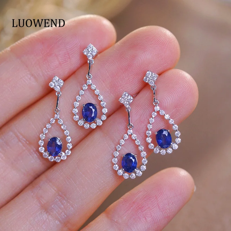 LUOWEND 100% 18K White Gold Earrings Shiny Diamond Natural Sapphire Drop Earrings for Women Romantic Style High Christmas Gift