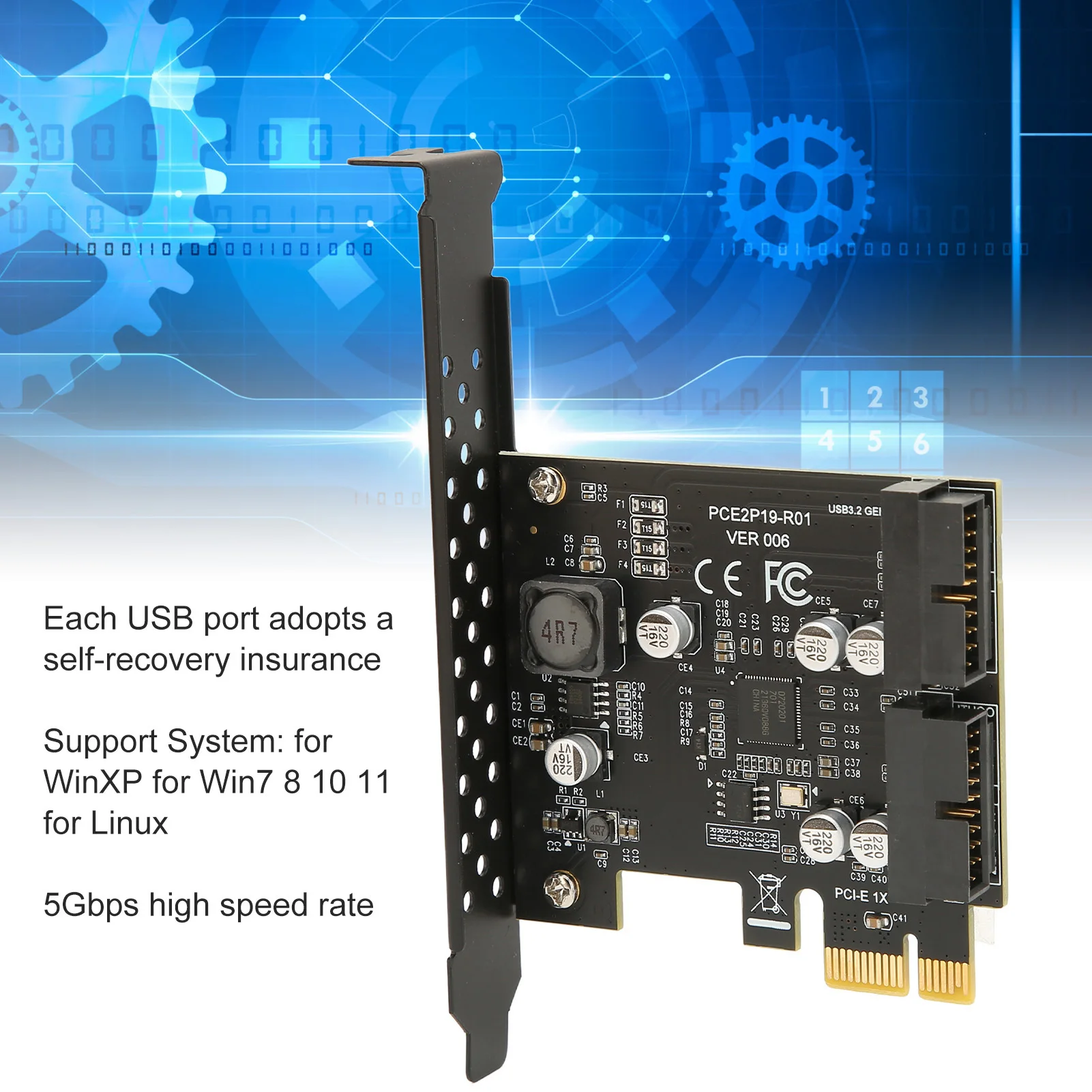 PCIE To USB 3.2 Expansion Card Plug and Play Dual Port 19PIN High Power High Speed USB 3.2 Gen1 PCIe Card for Small Chassis