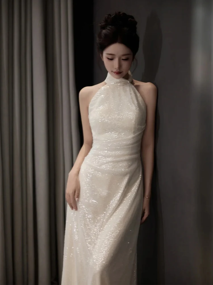 

Elegant Neckline Wedding Dress Light Luxury Morning Robe for Women Bride Sequin Evening Gown Fish Tail Long Skirt Polyester F...