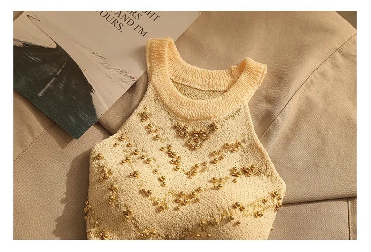 Women Knit Tank Top Beaded Pearl Gold Jacquard Summer Tee Off Shoulder Chic Korean Fashion Style Short Camisole