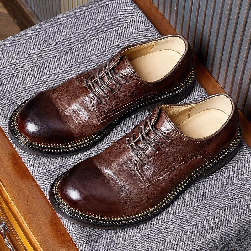 Man Must Have Soft Genuine Leather High-end Handmade Round Toe Derby Shoes Men's Casual British Lace-up Oxfords