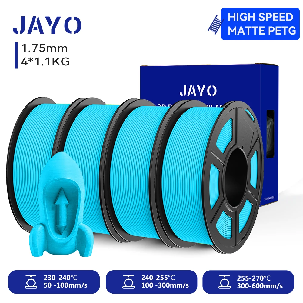 JAYO PETG 3D-filament 1,75 mm hoge snelheid PETG 3D-printerfilament 4 rollen High Flow snel mat effect 3D-printmaterialen