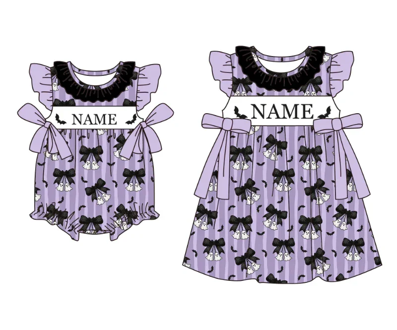High-Quality Halloween Children's Clothing Purple Ghost Bat Print Baby Girl Dress Infant Bubble Romper Customizable Names