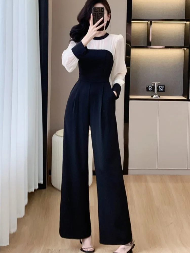 

Casual Wide Leg Jumpsuit Women 2024 Spring Summer New Long Sleeve Patchwork High Waist Office Lady Overalls Female Slim Clothing