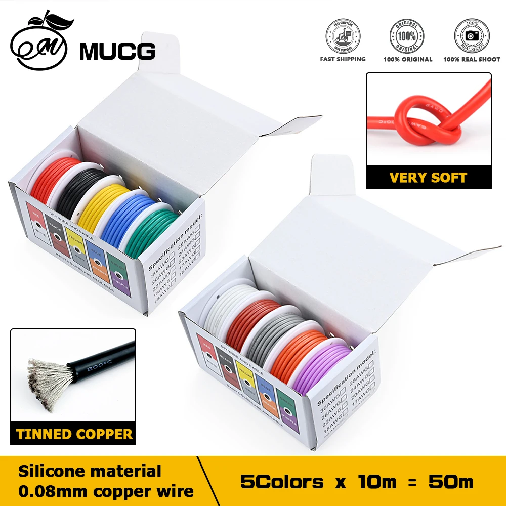 

24 22 20 AWG Electric Wire Soft Silicone Wire 24-20 Gauge Stranded Tinned Copper Wire 5 Colors 16.4ft/5m Each or 32.8ft/10m Each