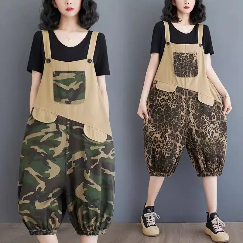 

Summer 2024 New Large Size Loose Asymmetric Contrast Colored Denim Strap Pants Lantern Jeans Women's Camo Shorts Playsuit K1557