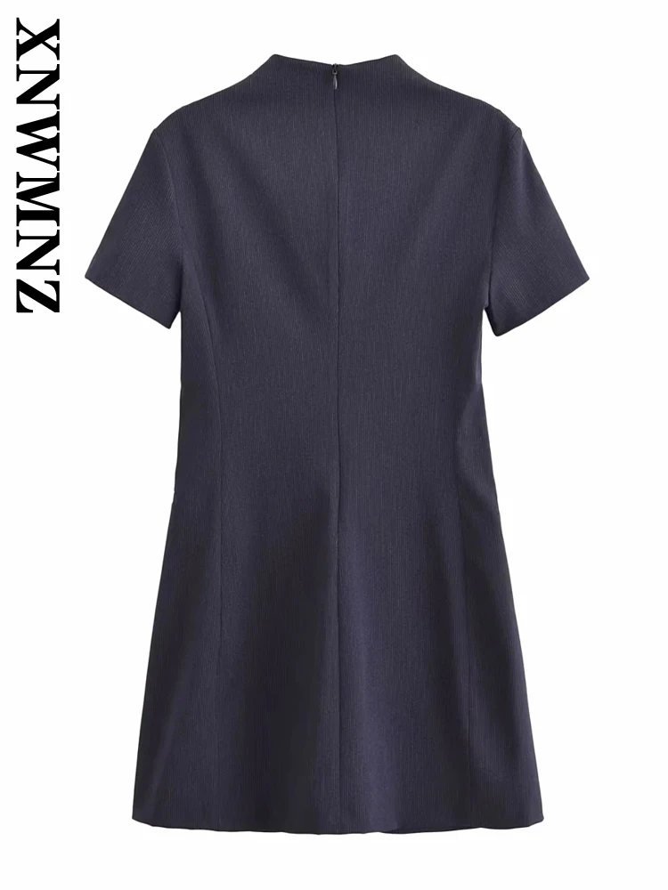 XNWMNZ Woman 2024 New Autumn Vintage Pockets Half high Collar Dresses Mini Skirt Female Fashion Casual zipper Short Sleeve Dress