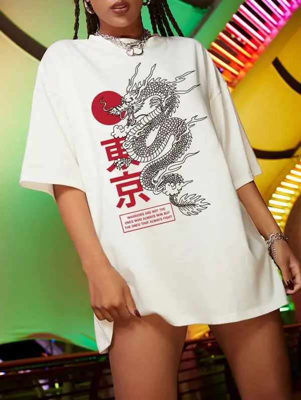 Oversized T-shirt Women Harajuku Chinese Dragon Print T Shirt Casual Short Sleeve Streetwear Tops Female T-Shirt Summer Clothing